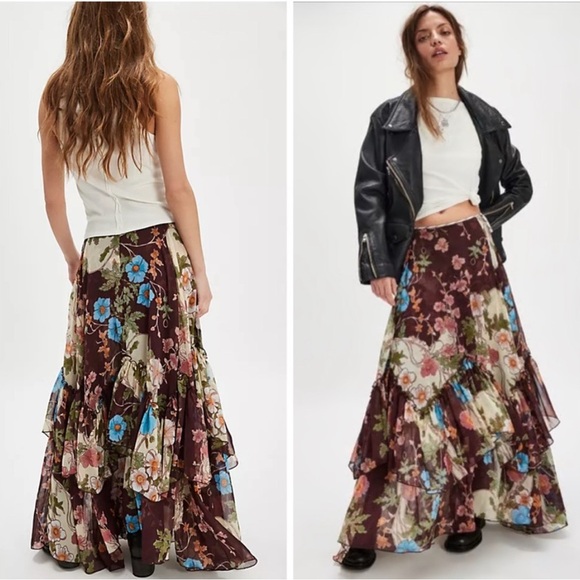 Free People Dresses & Skirts - Free People Palermo Villa Chiffon Maxi Skirt‎ Ruffle Floral Size 0